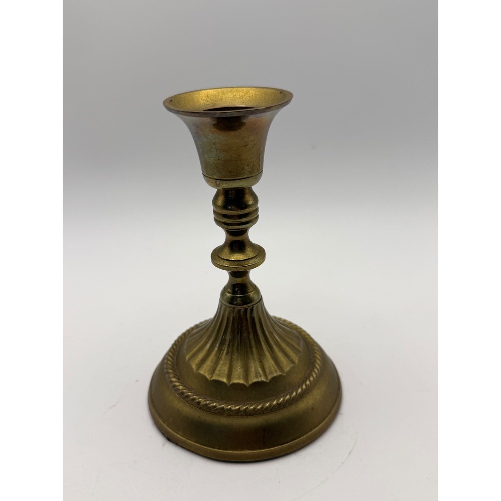 Vintage Brass Fluted Candlestick Holder Made in India Rope Edge Aged Patina 5in